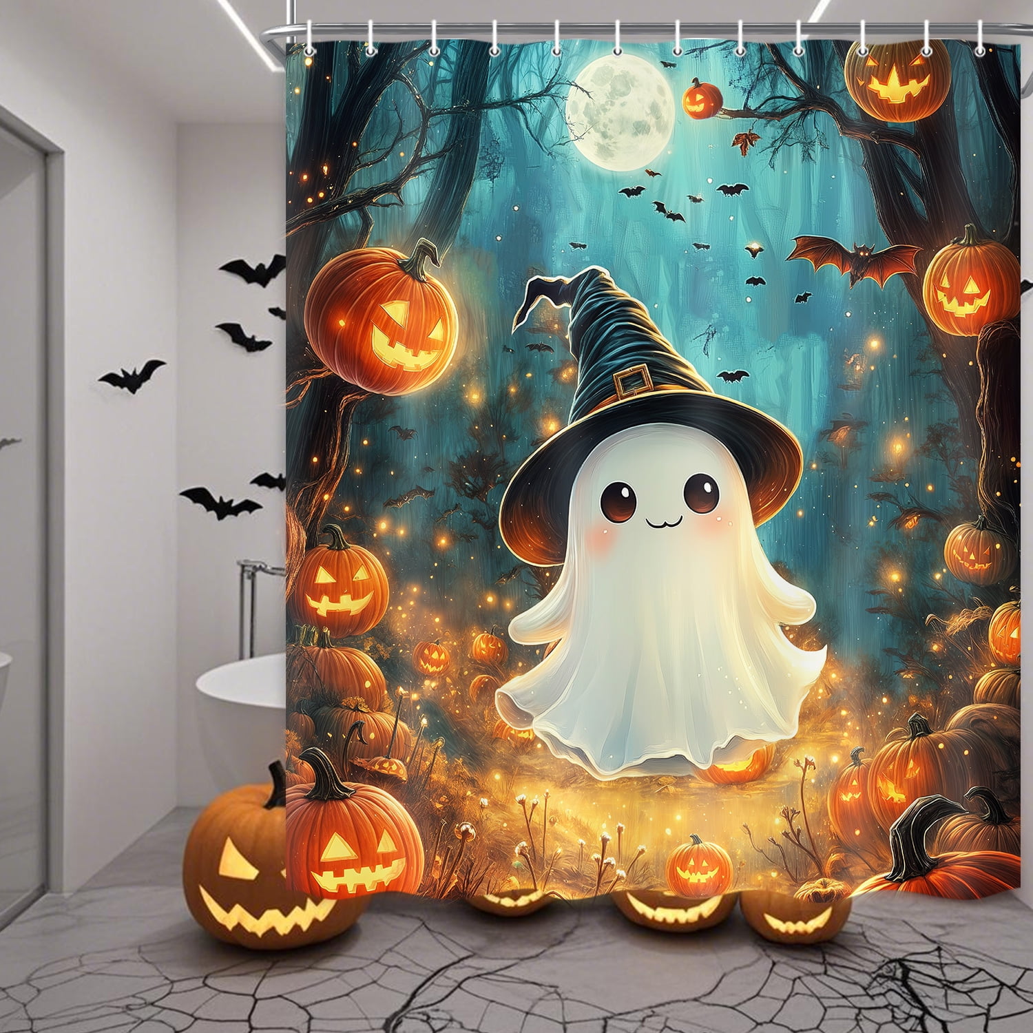 Halloween Ghost Shower Curtain, Cute Funny Ghosts Pumpkin Full Moon Shower Curtain Set for Bathroom, Gothic Scary Night Forest Bathtub Decor Accessories with Hooks, 70X85in