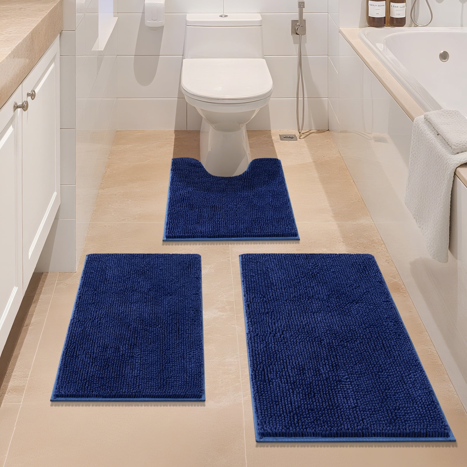 Vaukki Dark Blue Bathroom Rug Sets 3 Piece Ultra Soft Absorbent Shaggy Bath Mat Non Slip Toilet Rug for Bathroom