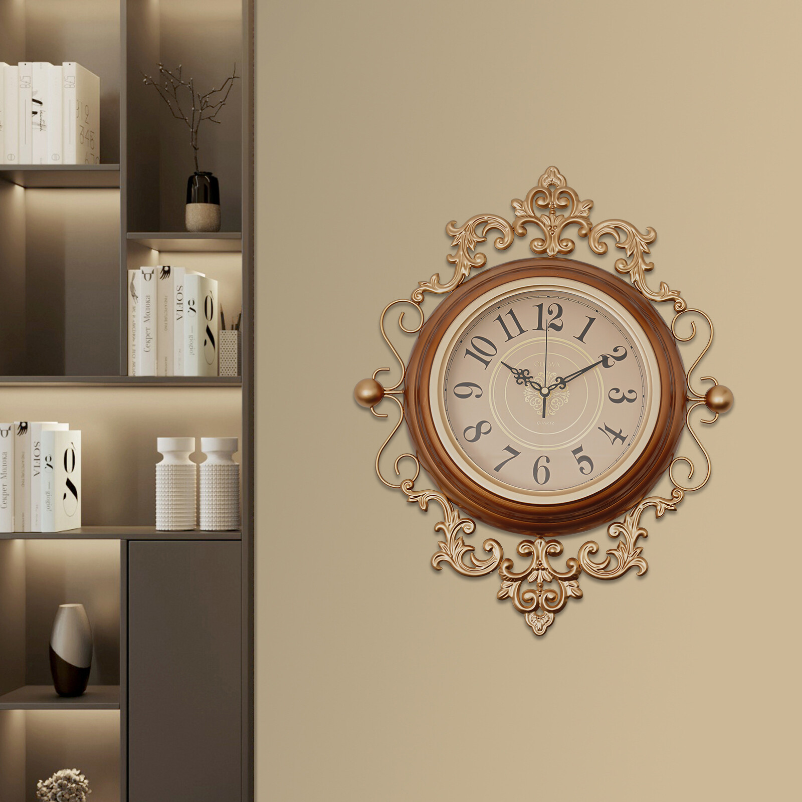 16*19in Wall Mounted Indoor Wall Clock Silent Tanned Metal Retro Wall Clock Living Room Hallway Office Study Bedroom