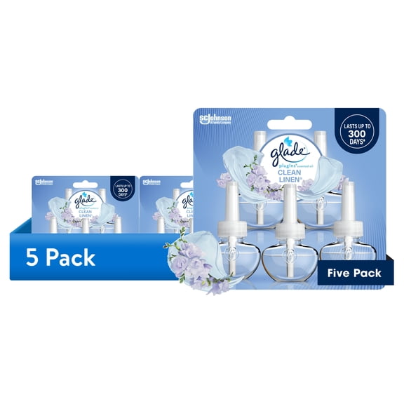 (5 pack) Glade PlugIns Scented Oil 5 Refills, Air Freshener, Clean Linen, Essential Oil Infused Wall Plug In, 3.35 FL oz, Pack of 5