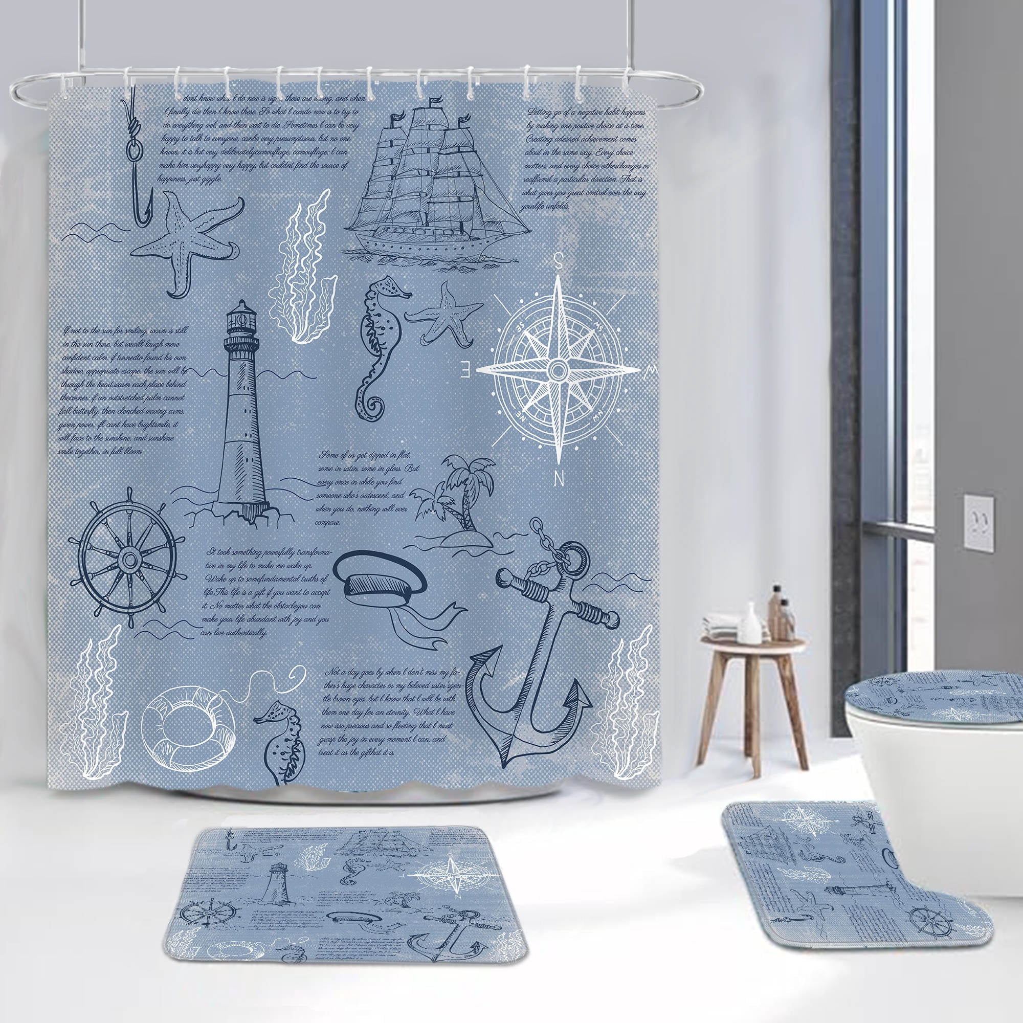Planially Blue Fabric Shower Curtain and Rug Sets Waterproof 16 Pc Bathroom Set 72" x 72"
