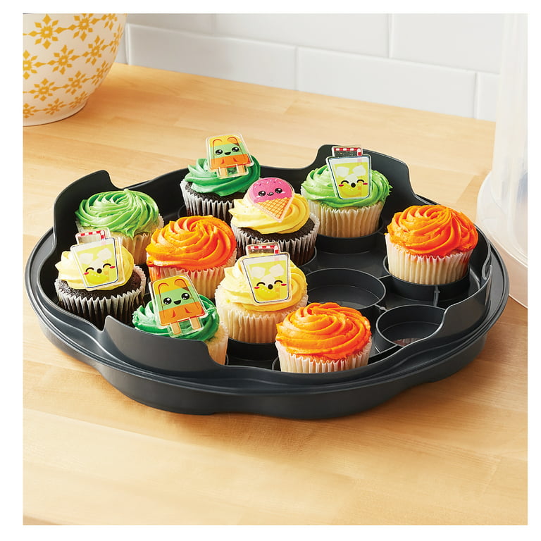 Mainstays Round Plastic Cake and Cupcake Carrier, Clear with Gray Handle,  Clasps and Base (1 Each) Includes Slice-and-Server Utensil, 13.2 x 8.5