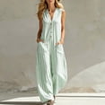 thumbnail image 2 of Womens Striped V Neck Sleeveless Button Down Wide Leg Jumpsuit Loose Casual Pocket Long Romper for Summer Daily Vacation Outfit Green S(S), 2 of 7