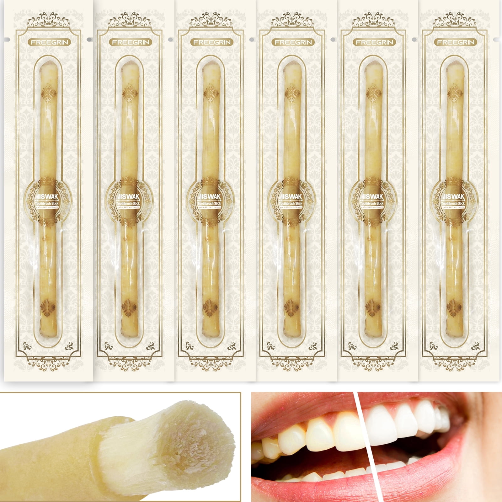 FREEGRIN 6 Pack Organic Miswak Sticks, Natural Toothbrush for Gums