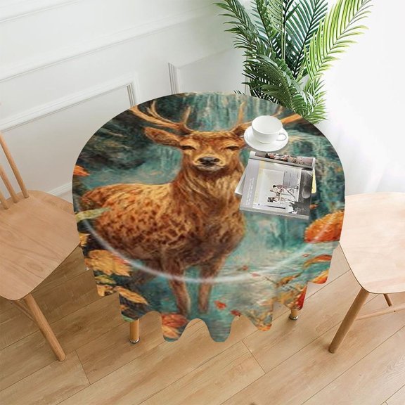RKSupls 60 Inch Round Tablecloth, Deer Waterfall Mushrooms Premium Polyester Straight Edge Wrinkle Resistant Washable Table Cover for Party Home Dining Decor