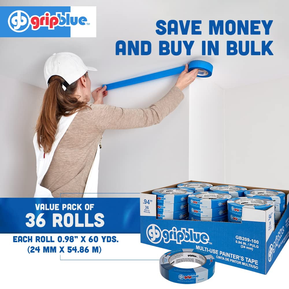 GripBlue Blue Painter’s Tape 1 Inch (0.94 in) x 60 Yards, 36 Rolls Contractor Pack, Multi-Surface Masking Tape for Painting, Clean Removal, Indoor Outdoor
