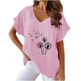 thumbnail image 2 of Linen Tee Shirts Women Women Plus Size Cotton Linen Dandelion Print Graphic Loose Summer V-Neck T-Shirt Top Oversized Short Sleeve Blouse Pink, 2 of 4