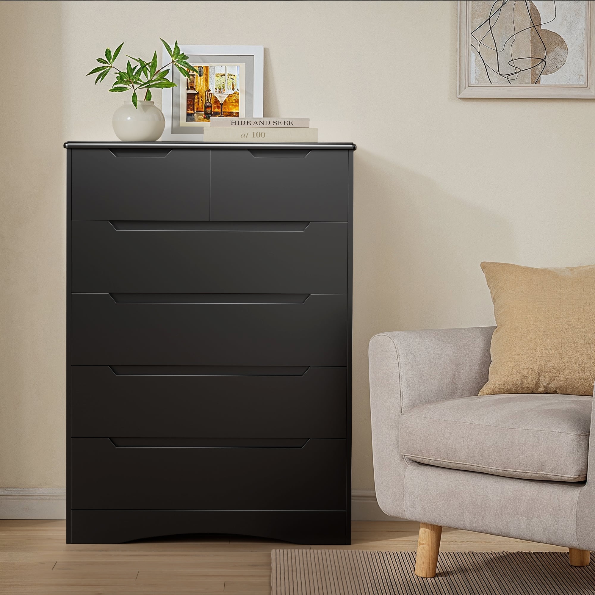 Dressers for Bedroom, Lofka 6 Drawers Dresser with Cutout Handles, Wood Storage Cabinet for Living Room, Black