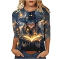 thumbnail image 2 of Chiccall Women's Halloween Witch Print 3/4 Sleeve Plus Size T-Shirt Round Neck Casual Loose Fit Fall Holiday Graphic Top, 2 of 6