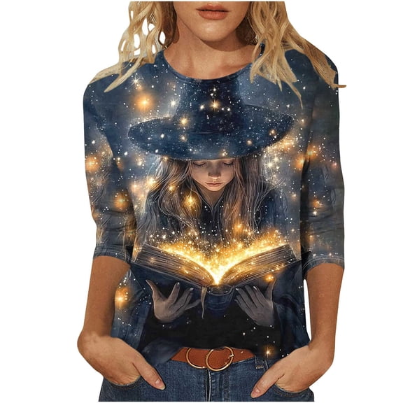 Xdegoge Women's Magic Spellbook Graphic Tees Halloween Shirts 3/4 Sleeve Crewneck Casual Fall Tops Starlight Witch Print Comfortable Pullover for Autumn Festival Wear