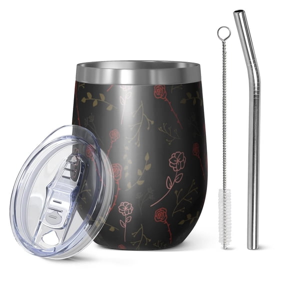 Floral 12oz Stainless Steel Insulated Wine Tumbler with Lid and Straw – Double Wall Vacuum Mug for Hot & Cold Drinks, 304 Steel Interior, Sweat-Free Design,Thanksgiving,Christmas, Spring,Flower