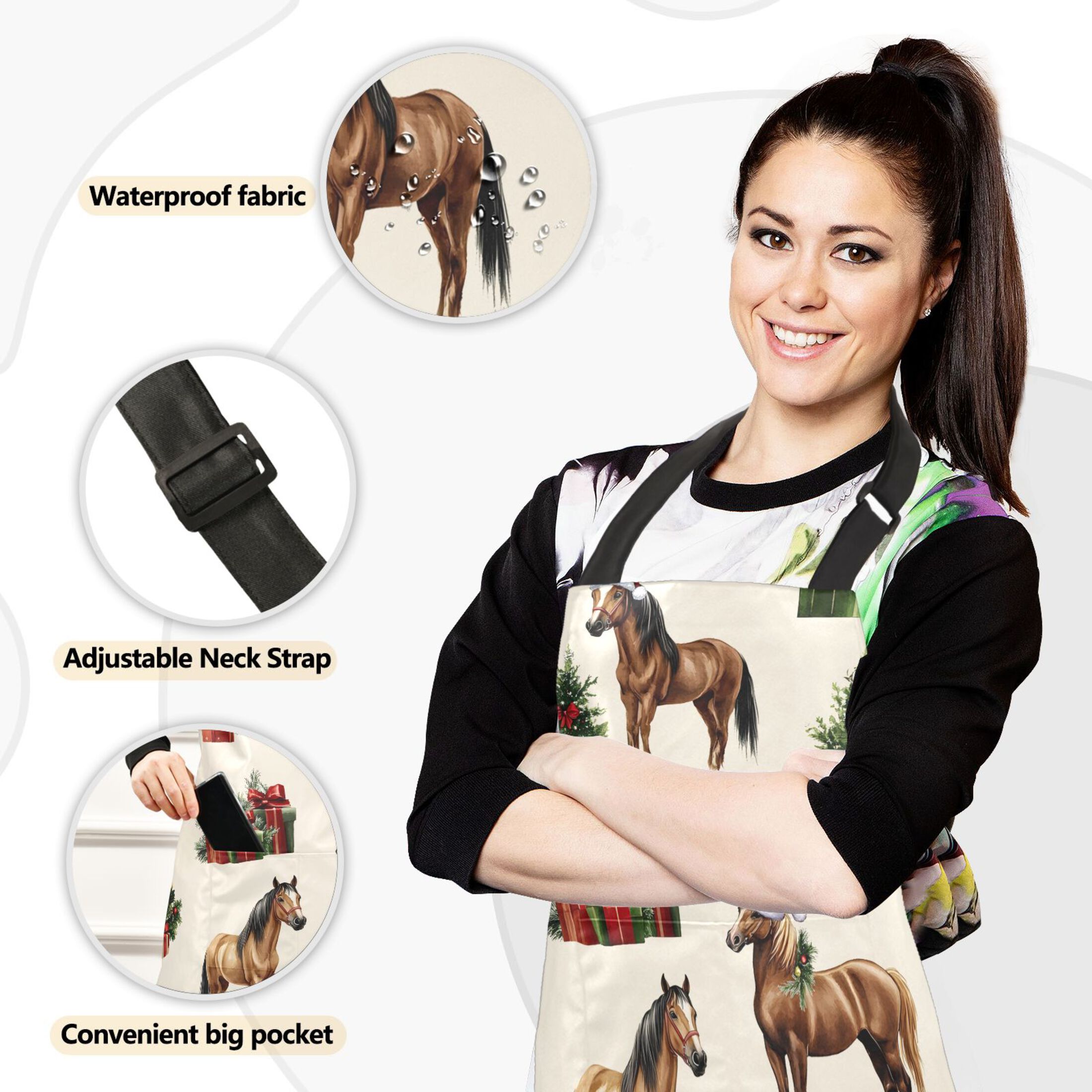 Ryvnso Christmas Horse Kitchen Apron Oven Mitts Set Pot Holders