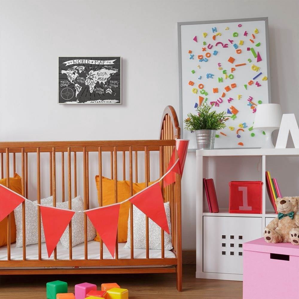 The Kids Room by Stupell Kids World Map Black and White Nursery Design Wall Plaque Art by Daphne Polselli