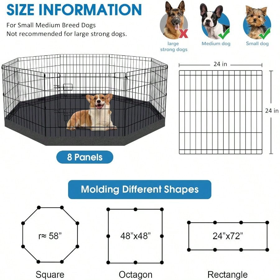 Dog Pen Pet Playpen Dog Fence Indoor Foldable Metal Wire Exercise Puppy Play Yard Pet Enclosure Indoor Outdoor 8 Panels 24 Inch with Bottom Pad/Top Cover Black with Bottom pad