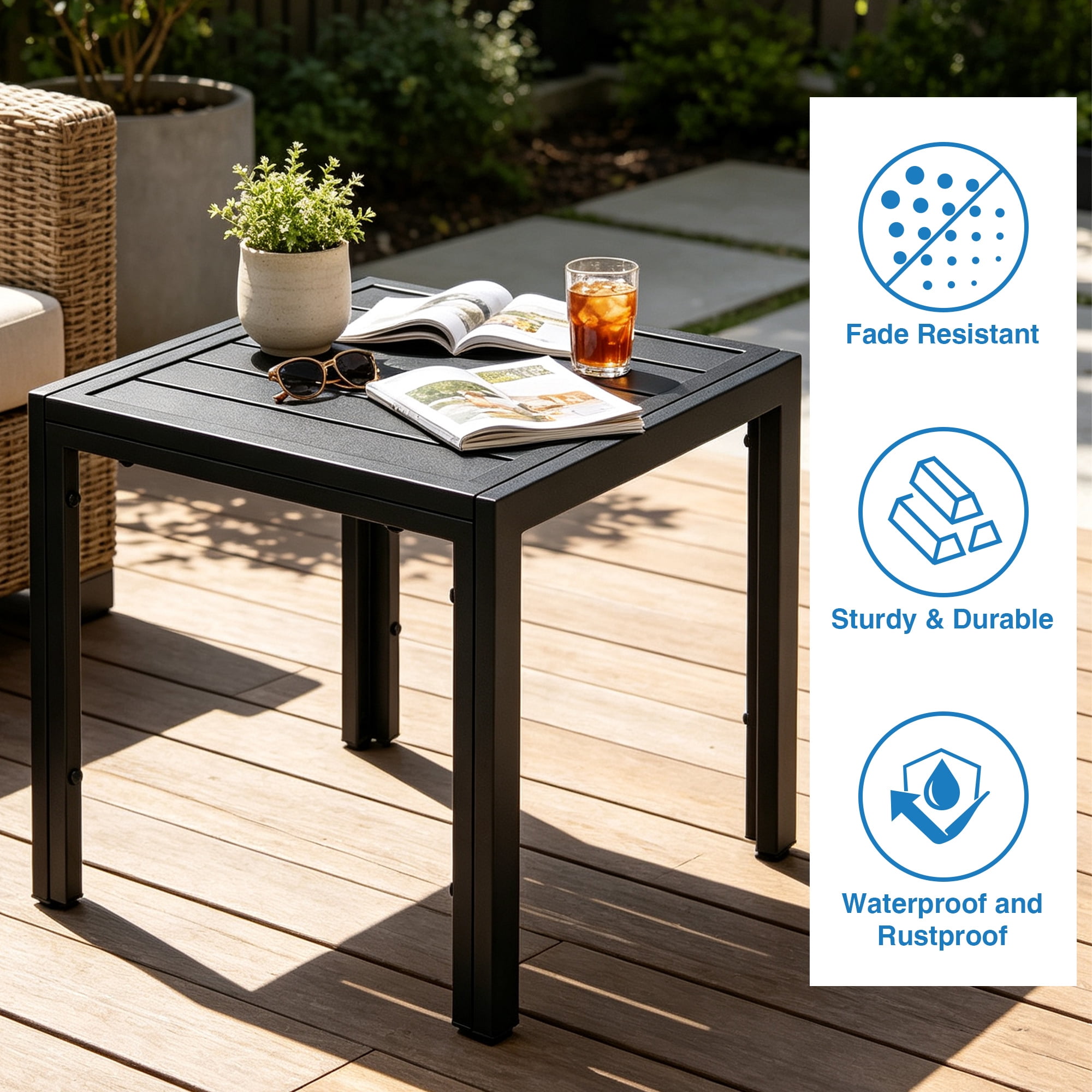 Abble 20 Inch Square Outdoor Side Table, Black Metal Patio End Table with Slatted Tabletop, Weather Resistant Steel Frame Outdoor Side Table for Garden, Porch, Deck, Backyard