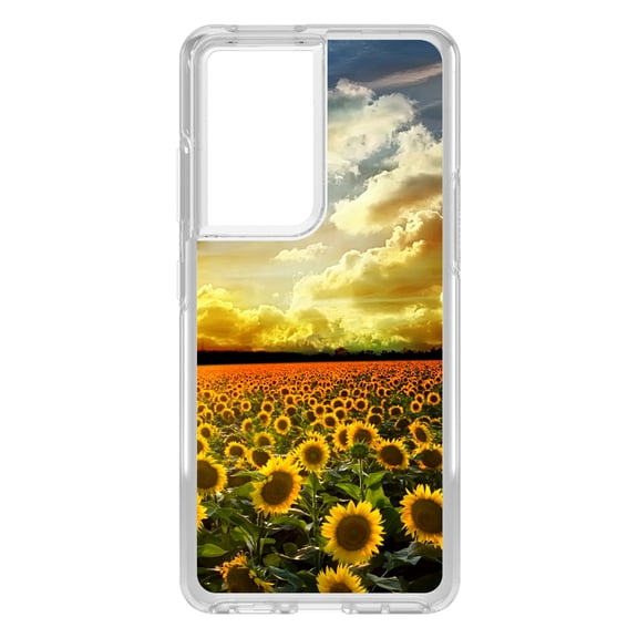 DistinctInk Clear Shockproof Hybrid Case for Galaxy S21 ULTRA 5G (6.8" Screen) - TPU Bumper, Acrylic Back, Tempered Glass Screen Protector - Green Blue Yellow Sunflowers