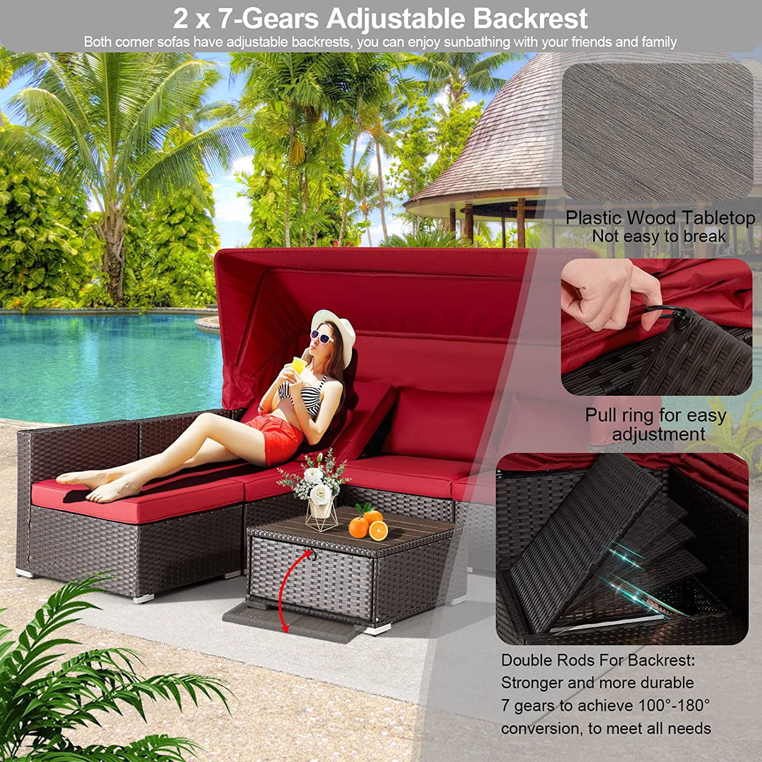 Vicluke Adjustable Backrest Rattan and Steel Outdoor Wicker Daybed, Red