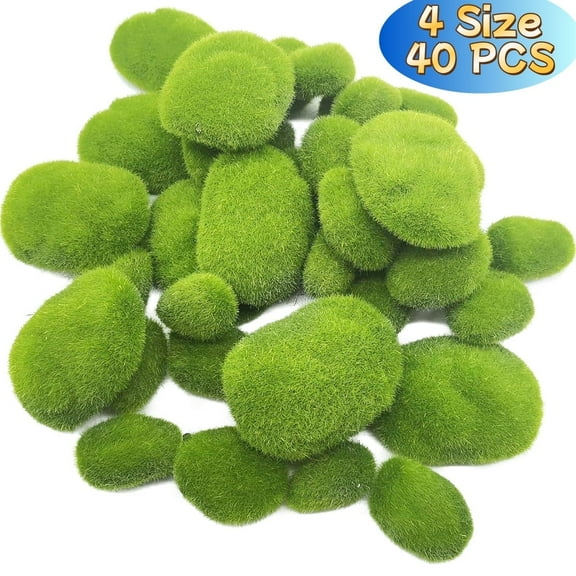 Artificial Moss Rocks Decorative Set 4 Sizes 40PCS Green Moss Balls Stones Garden Rocks - Floral Arrangements, Fairy Gardens, Crafting, and Home Decor