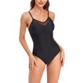 thumbnail image 4 of Traje de baño de una pieza negro elástico con tirantes finos, retazos de malla, escote en V y corte ajustado, 4 of 7