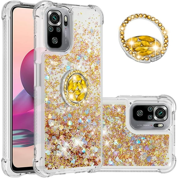 Case for Xiaomi Redmi Note 10 4G (Not 5G)/Redmi Note 10S with Creativity Clear Quicksand Glitter Flowing Floating Soft w/Stand Bling Diamond Sparkle Phone Case for Redmi Note 10S Golden