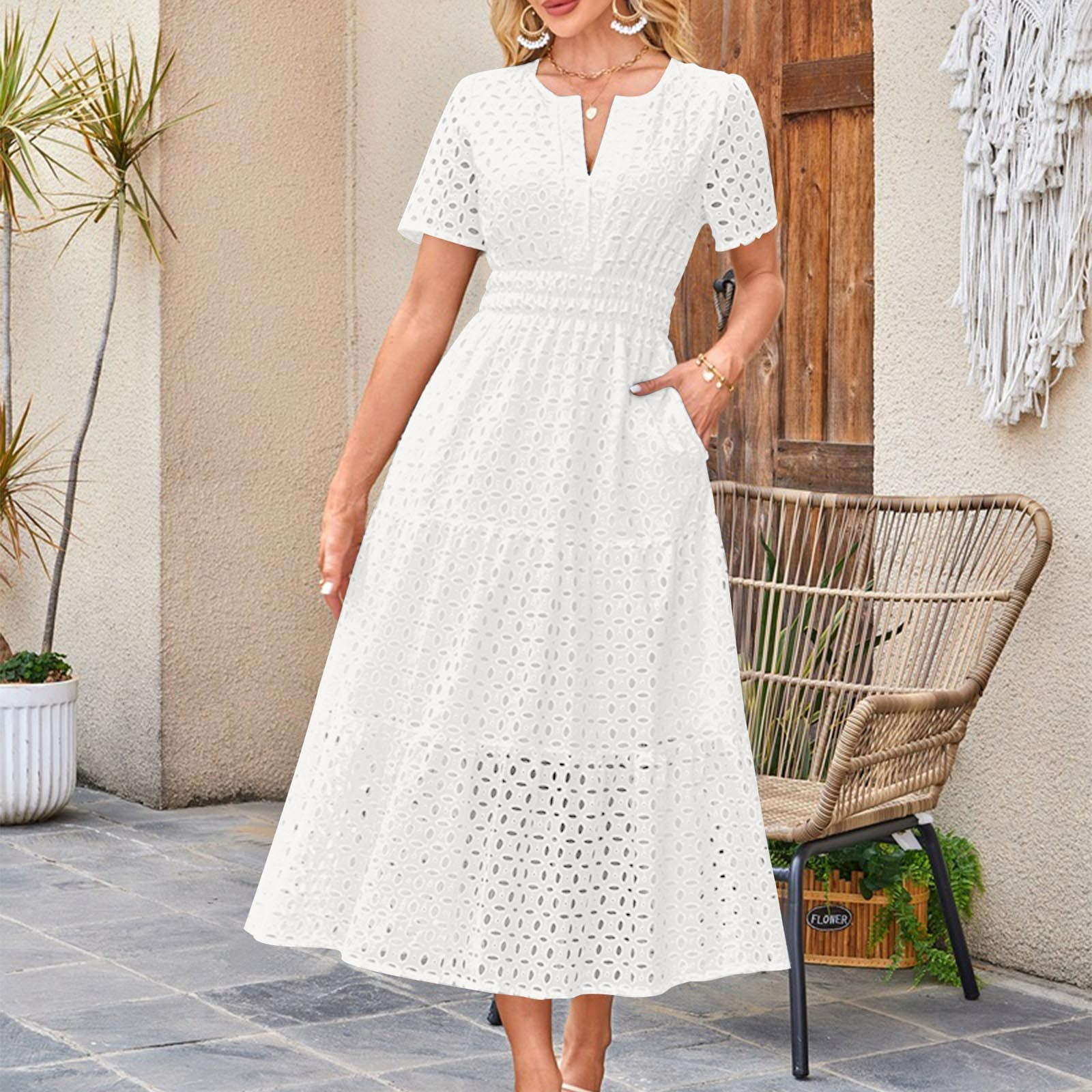 Tumotour Summer Dresses for Women A-Line V-Neck Solid Color Hollow