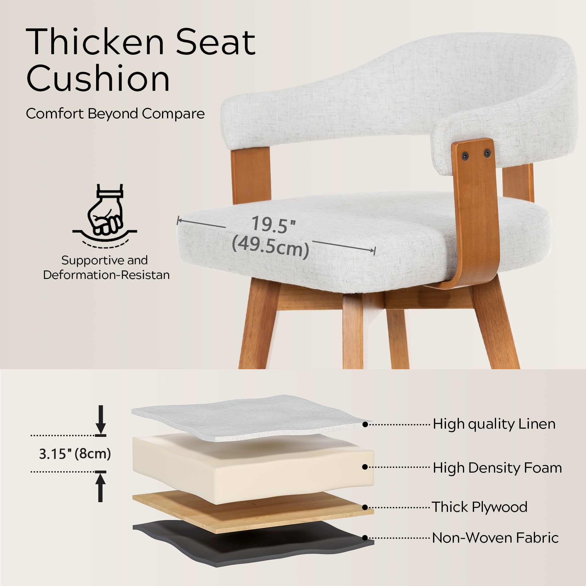 EYYTHUNG Swivel Bar Stools Set of 6, Modern Curved-Back 26-inch Counter Barstools with Armrests, Linen Upholstered Wooden Stools for Kitchen & Home Bar Seating, Beige