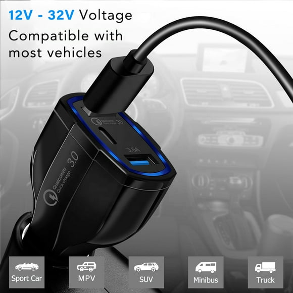 Universal Car Charger for Smartphones iPhone Android USB-C PD Power Delivery 2 USB QC 3.0 Fast Charging Boost Adaptive