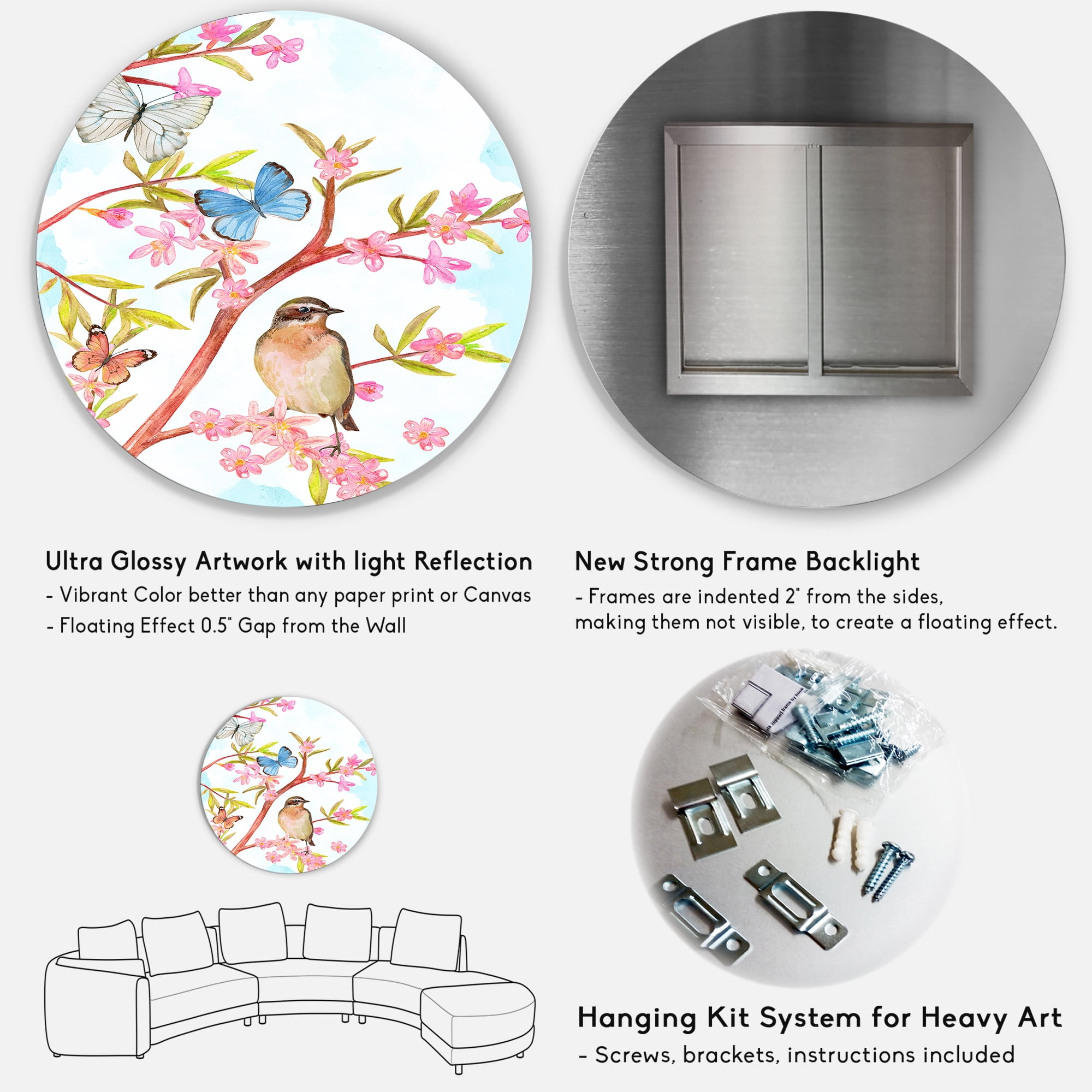 Designart 'Clever Bird Sitting On Branch of A Spring Tree With Butterflies' Traditional Circle Metal Wall Art 29x29 - Disc of 29