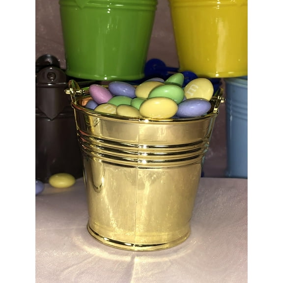 Charmed Mini 2" Beach Sand Plastic Buckets Party Favors Candy Box Baby Shower; Gold; 12 pieces