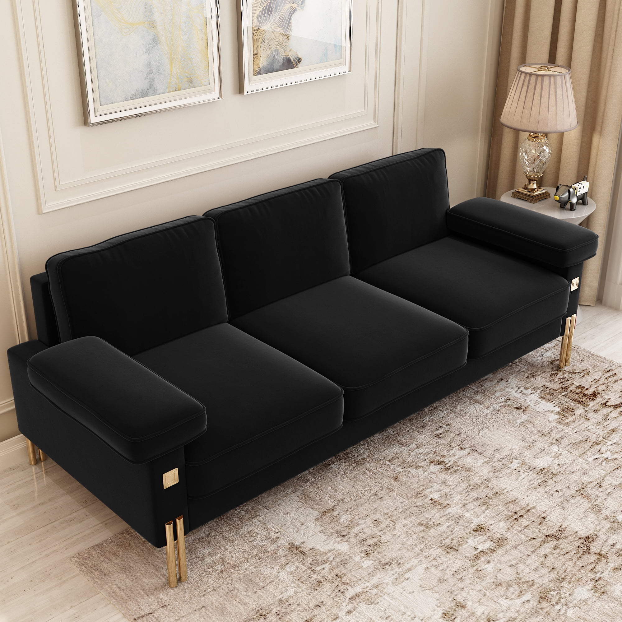Resenkos 93"W 3-Seater Velvet Sofa Couch Contemporary with Extra-Deep Padded Cushions, Black