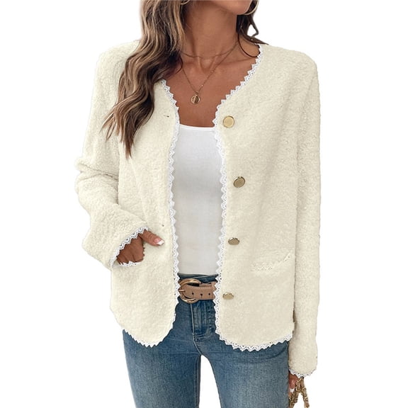 Women Open Front Sherpas Coat Lace TrimJacket Trendy Long Sleeve Clothes Coatigan Cream White S