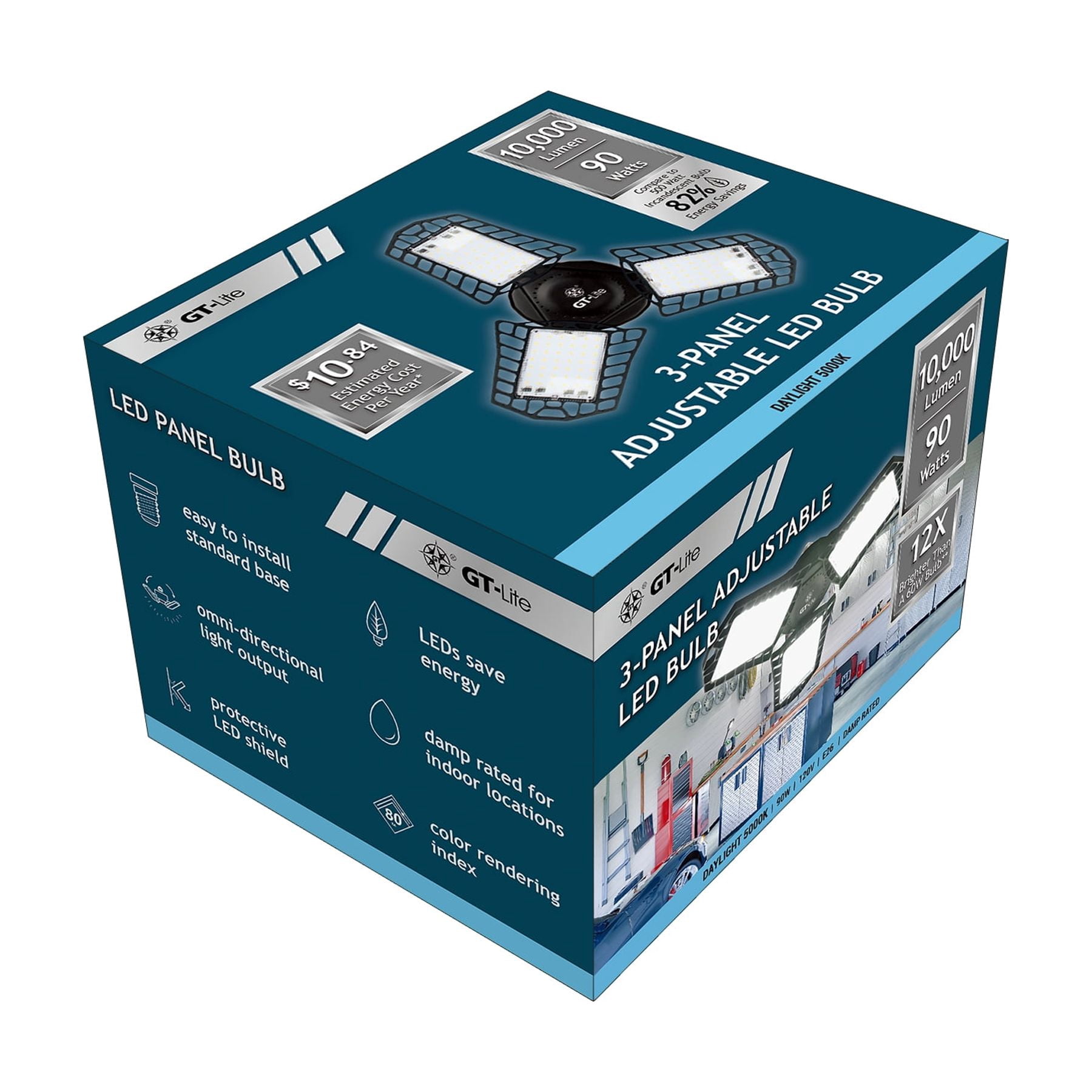 GT Lite LED Garage Light 90-Watt 10,000 Lumen, Adjustable 3-Panel Bulb, 5000K Daylight, E26, 1pack