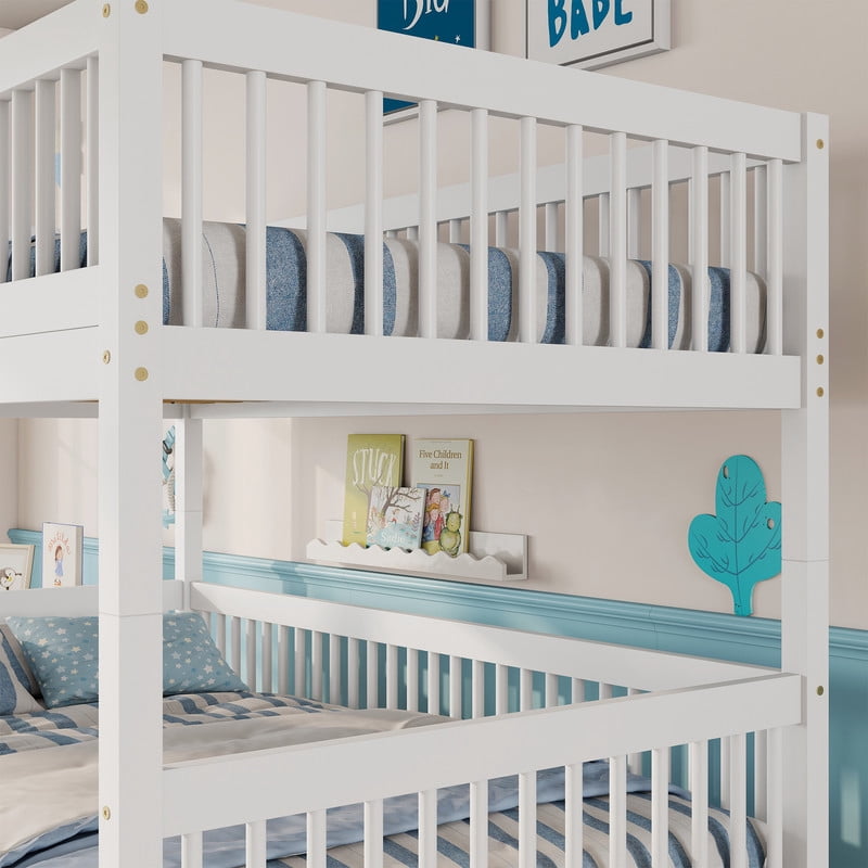 Twin-Over-Twin Size Convertible Kids Bunk Bed into 2 Platform Beds, Teens Wood Bed Frame with Ladder and Safety Guardrails
