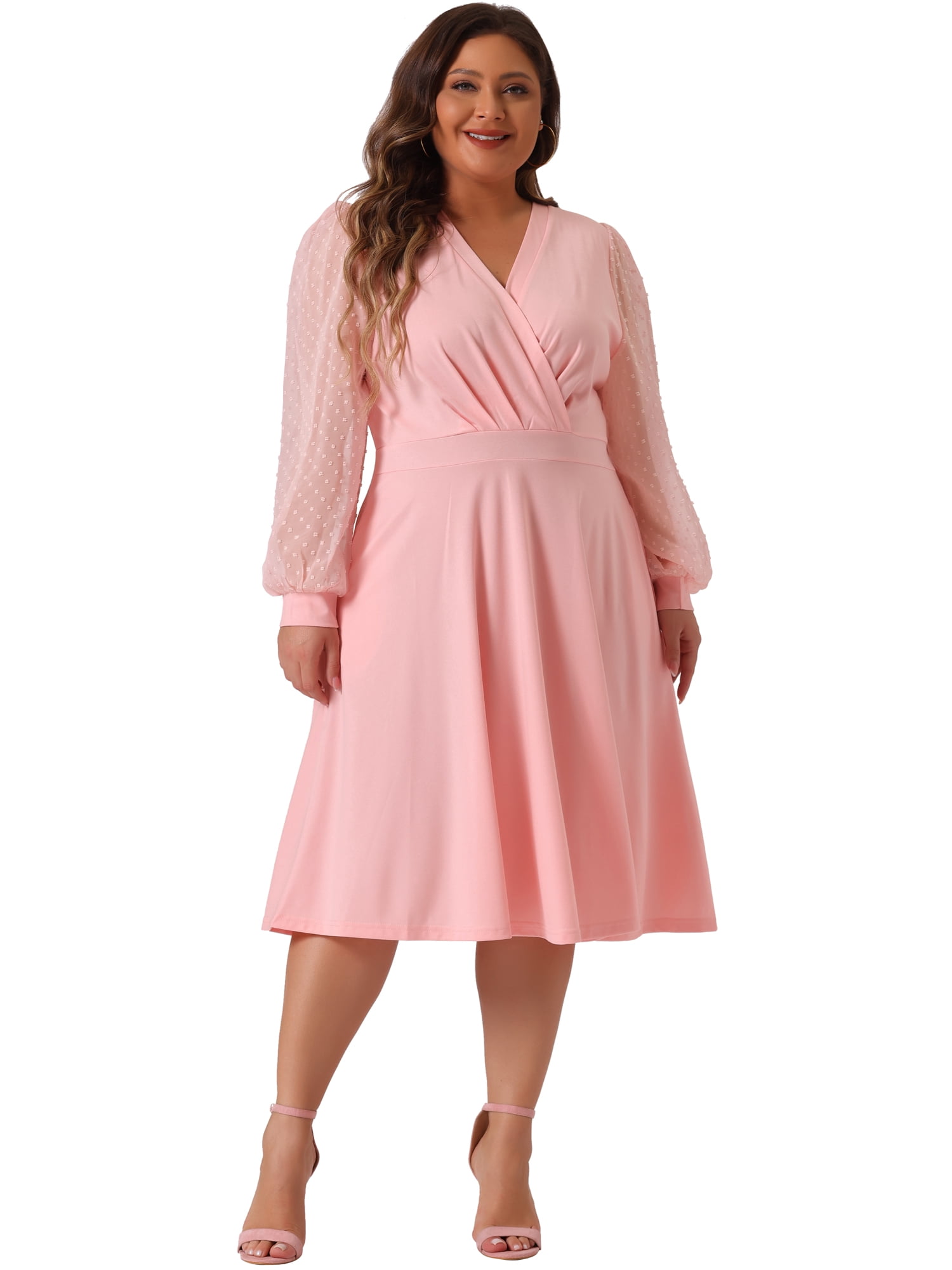DARING DIVA Plus Size Swiss Dots Wrap V Neck Knee Length Dress 3X Pink