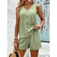 thumbnail image 4 of [Two-piece Solid Color Shorts Set] Casual Solid Color Two-piece Shorts Set, Button Front V Neck Top & Skinny Elastic Waist Shorts Outfits, Women's Clothing, 4 of 7