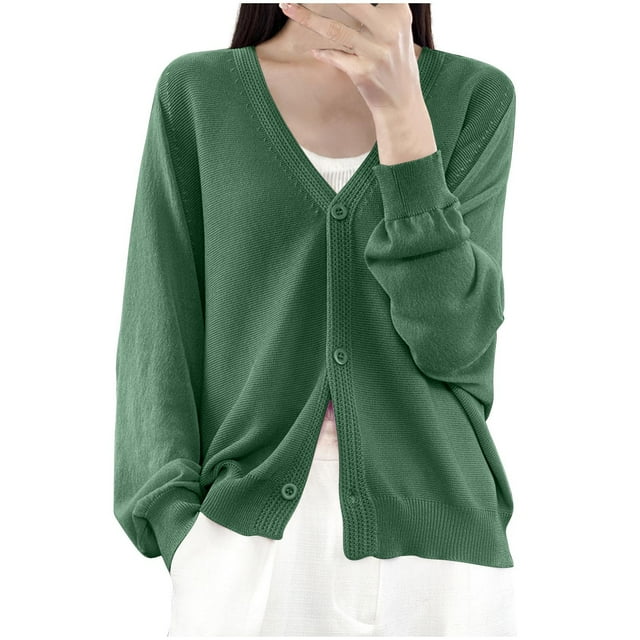 Womens Button Down Knit Cardigans Long Sleeve V Neck Casual Cardigan Sweaters Light Weight Loose Lounge Wear Fall Green, XL