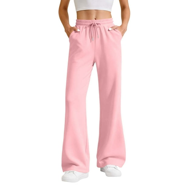 Amzcrzy Pantalones de Sudadera para Mujer de Pierna Ancha Suaves - Pantalones Casuales de Cintura Alta con Cordón Elástico, Color Sólido Clásico, con Bolsillos y Corte Acampanado, Tallas S-2XL Rosa