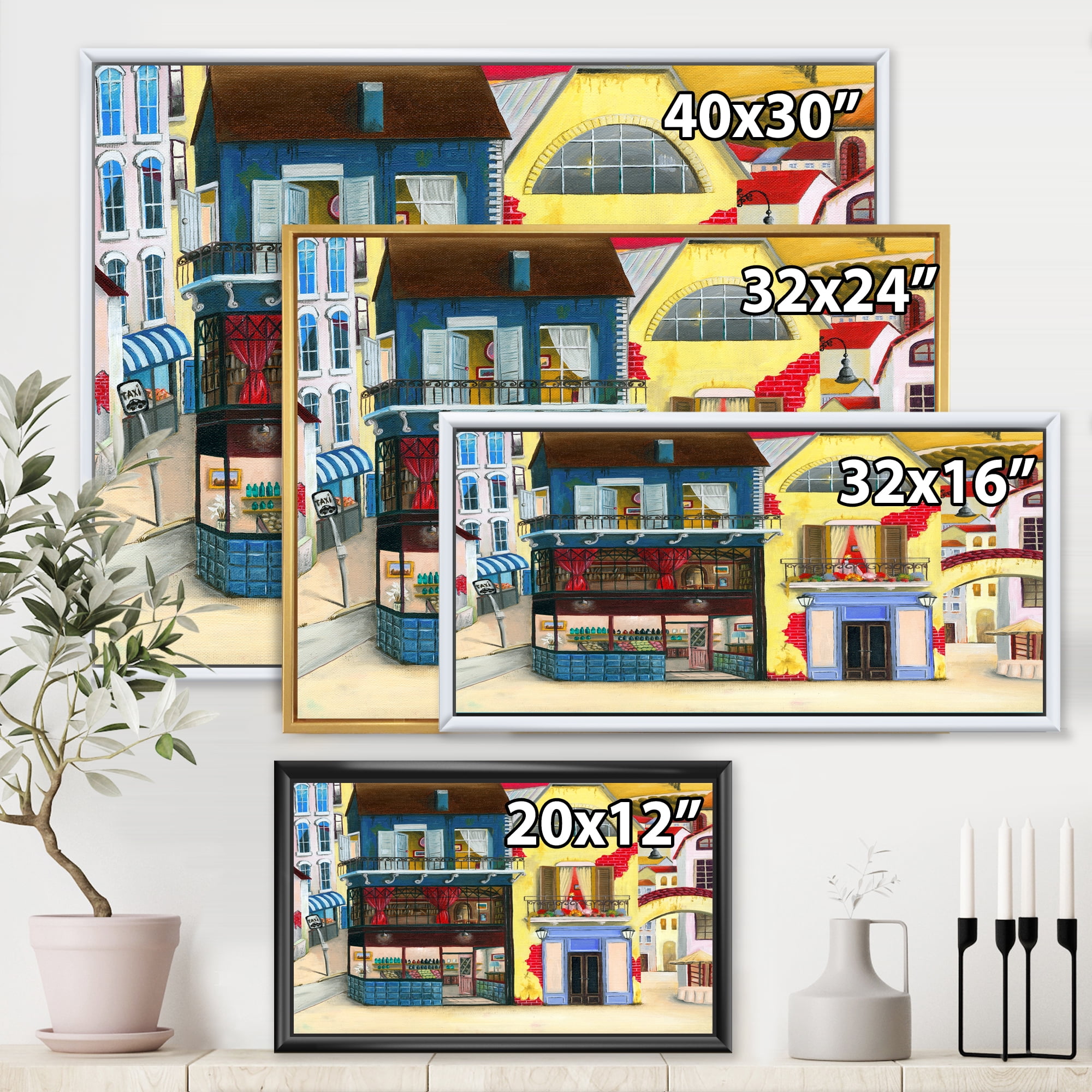 Designart 'The Colorful Facade of The Buildings In A Cozy Streets' French Country Framed Canvas Wall Art Print
