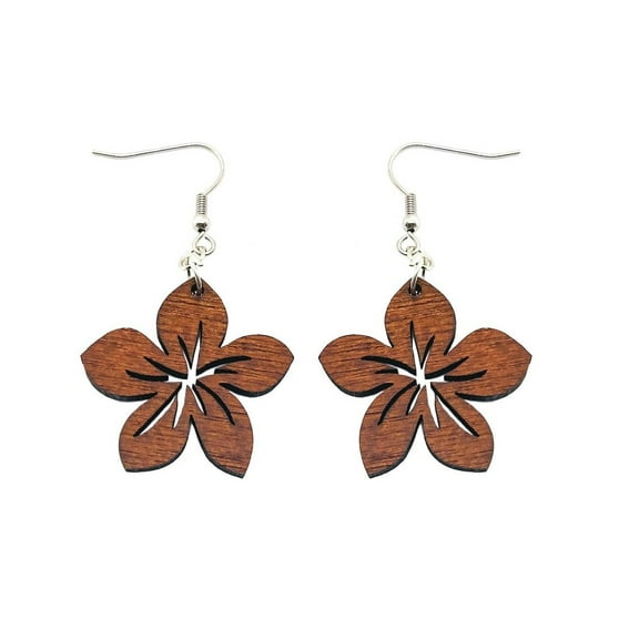 Hawaiian Jewelry Cut Out Plumeria Flower Dangling Wood Earrings From Maui Hawaii