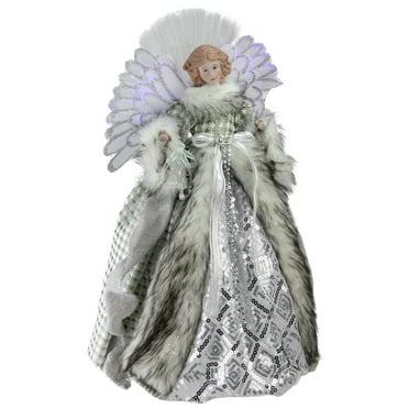 Northlight Christmas 16" Prelit Fiber Optic Angel in Silver Gingham Coat Tree Topper