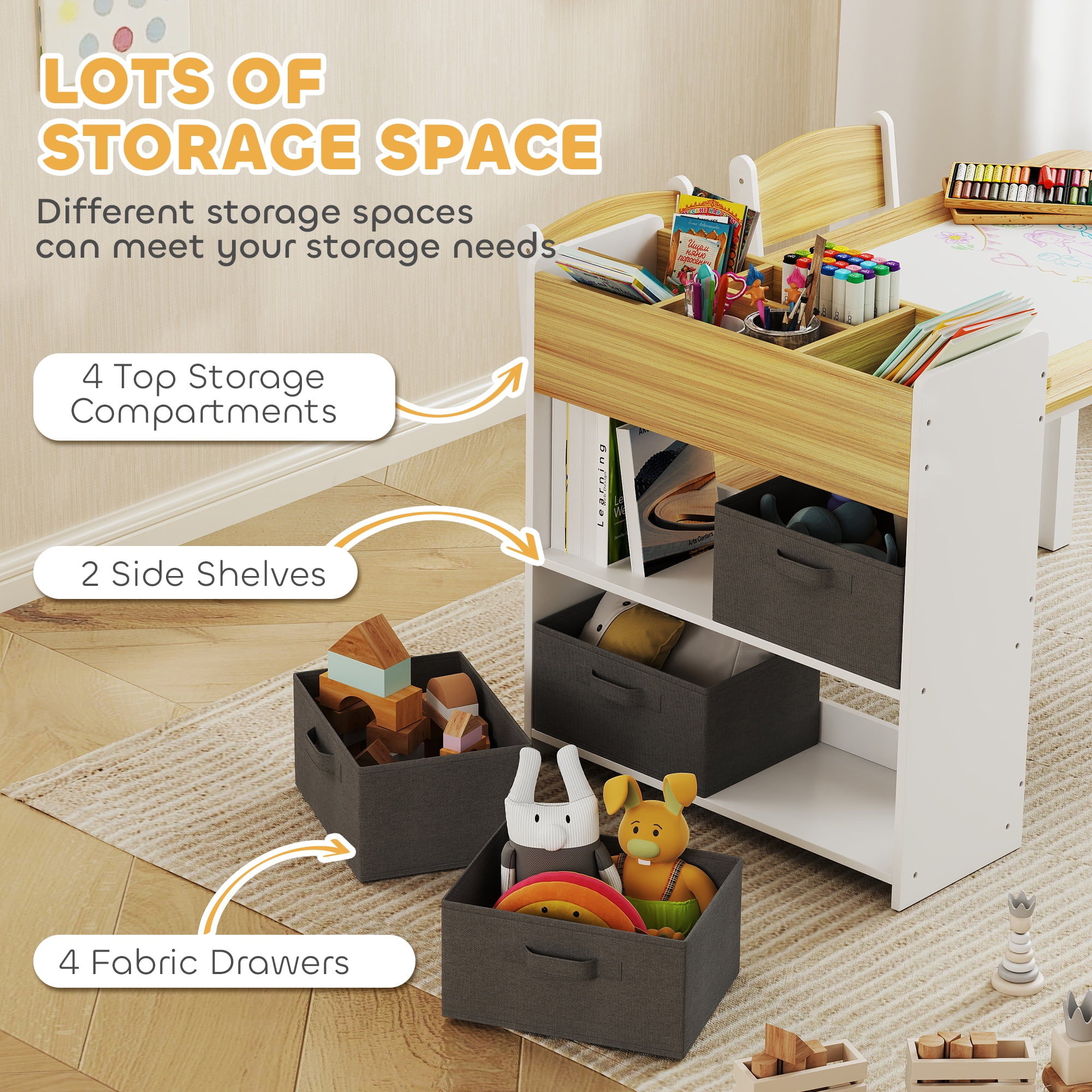 Qaba Kids Desk and Chair Set, Kids Art Table and Chairs Set with Paper Roll, Storage Shelves and Drawers, for Writing Drawing Aged 3-8, Natural Wood