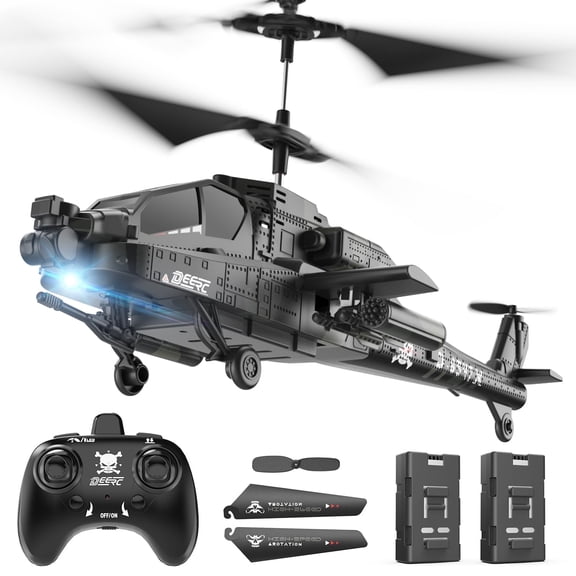 DEERC Apache RC Helicopter for Kids & Adults, Military Remote Control Helicopter Toy with LED Lights, 2 Batteries & USB-C Charging, 26 Mins Flight, Altitude Hold, Gift for Boys Ages 8-12