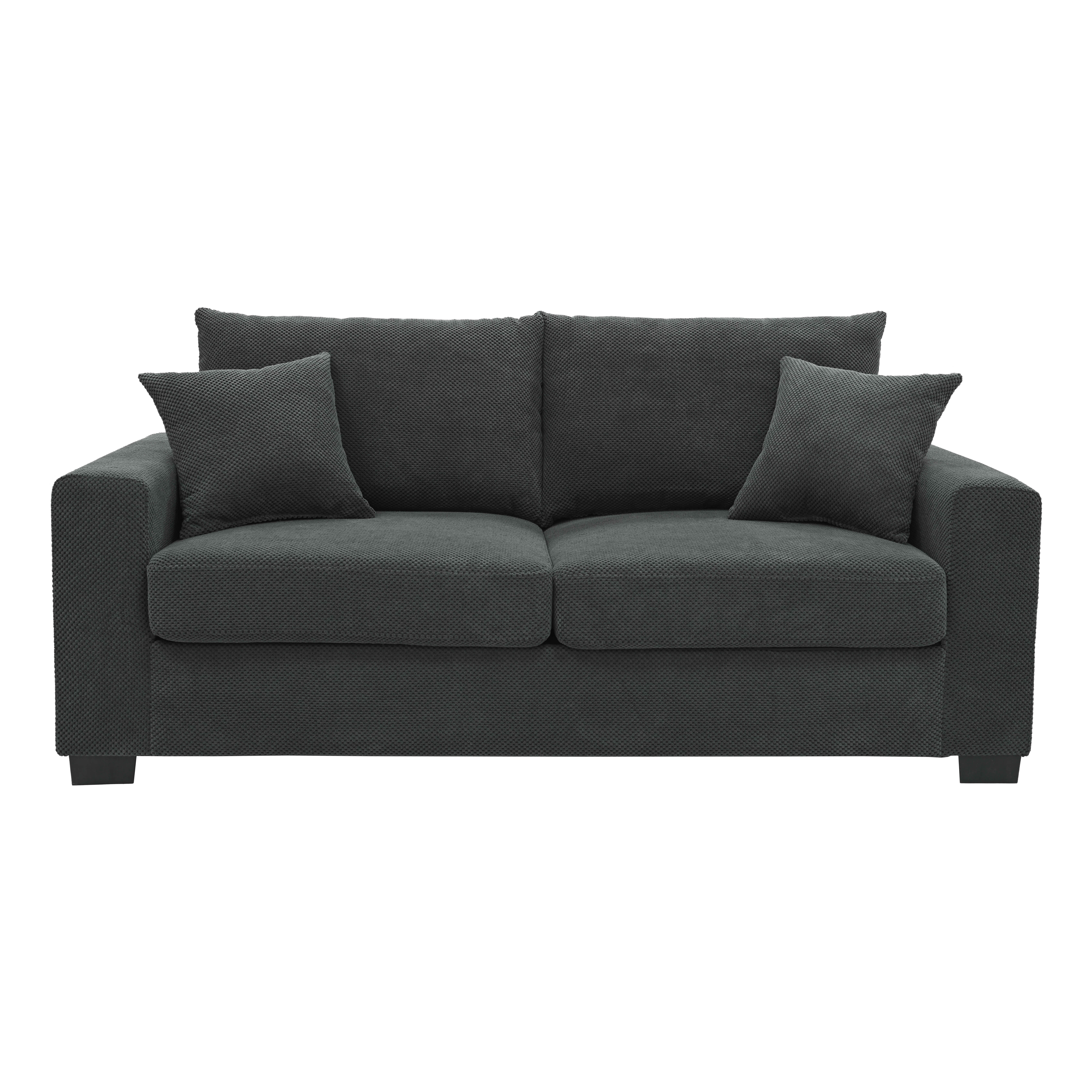 MAYEERTY 69 Inch 2‑Seater Upholstered Sofa, Textured Fabric Couch with 2 Throw Pillows and Plastic Legs for Apartment, Living Room, Home Office