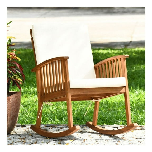 Acacia Wood Rocking Chair, Outdoor Patio Rocker with Cushions - Teak Finish, 355lbs Capacity