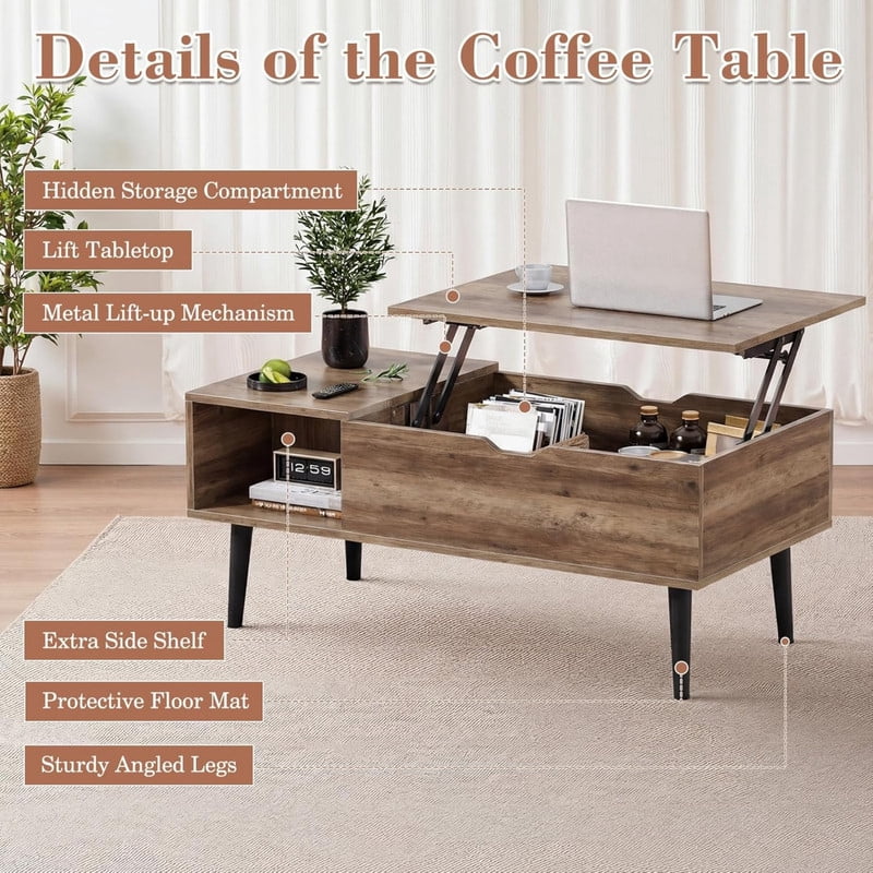 Kelno Lift Top Coffee Table with Hidden Storage Adjustable Height Wood Center Table with Shelf,Wood Gray