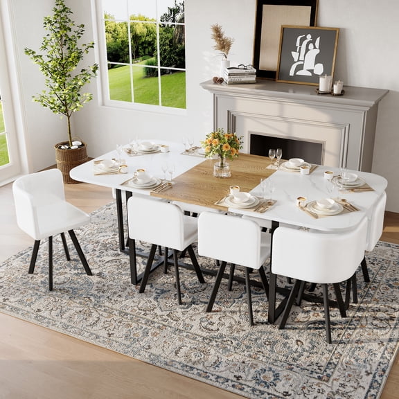 Dining Table Set, 9-Piece Square White Faux Marble and Wood Grain MDF Tabletop with 8 Faux Leather Chairs, Black Metal Frame, Modern Kitchen and Dining Room Set for 8 People