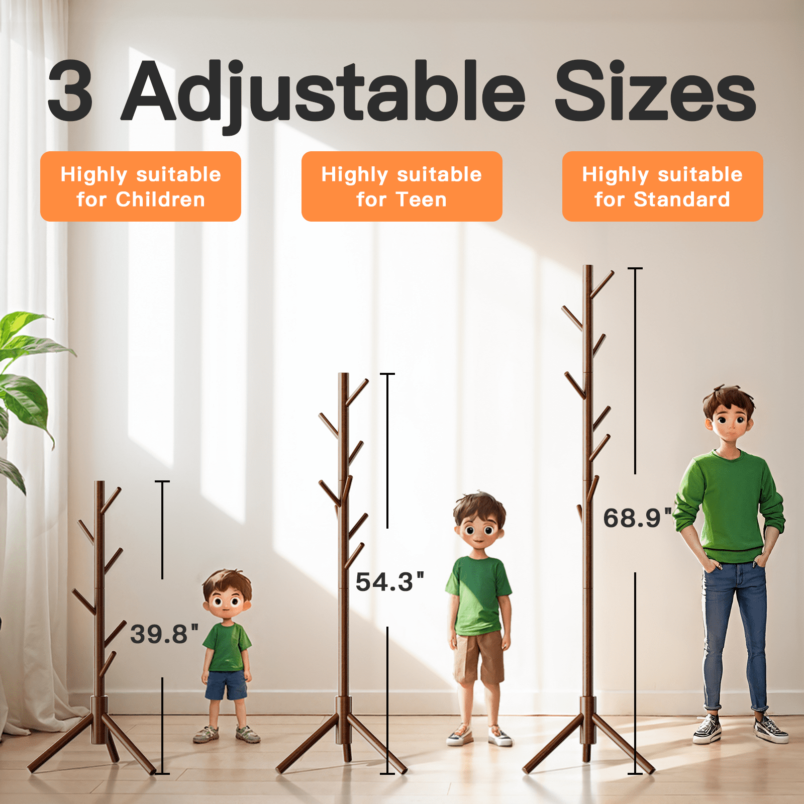 Solid Wood Coat Rack Stand for Living Room Office Entryway with 3 Height Options and 8 Hooks Walmart