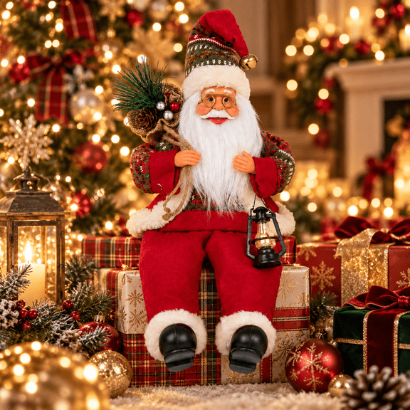 11.8 in Sitting Santa Claus Figurine with Lantern and Gift Sack, Christmas Shelf Mantel Holiday Decor