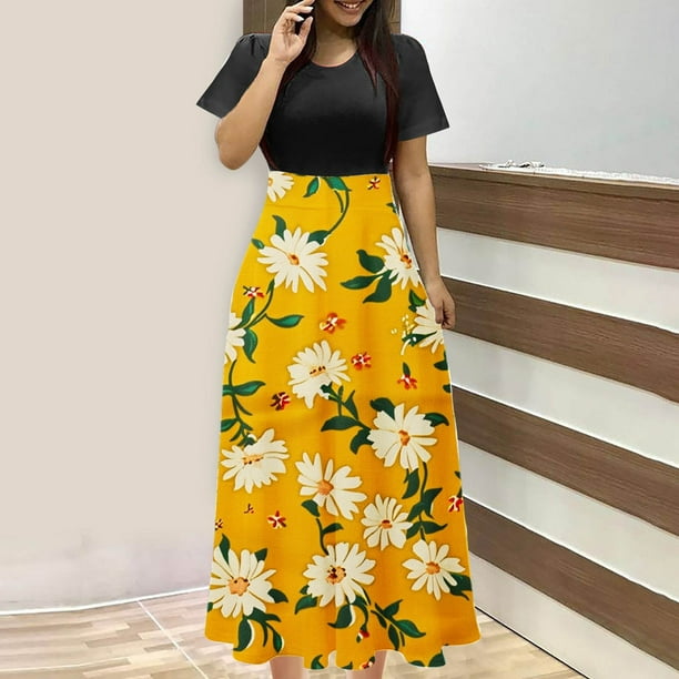 Puntoco Vestido De Manga Corta Con Cuello Redondo Y Falda Larga Estilo Resort Con Estampado Floral Para Mujer Negro S,Regalos Para Mujer Joven