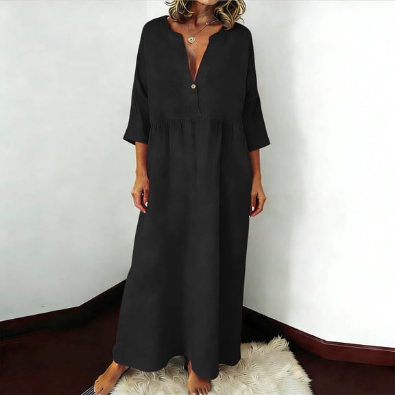 Ynynloco Women's Summer Cotton Linen Half Sleeves Button Down Casual Loose Slit Midi Dress with Pockets